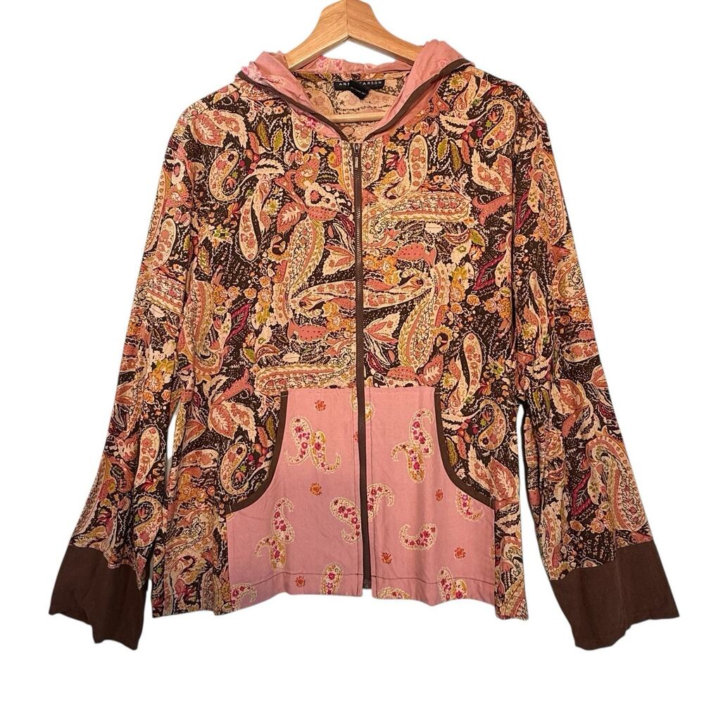 Anne Carson Multi-Color Paisley Zip Hoodie Jacket with Pink Pocket